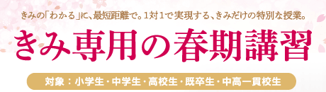 きみの「わかる」に最短距離で。きみ専用の春期講習。対象：小学生・中学生・高校生・既卒生・中高一貫校生。