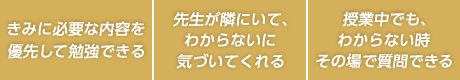きみに必要な内容を優先して勉強できる。先生が隣にいて、わからないに気づいてくれる。授業中でも、わからないその時その場で質問できる。