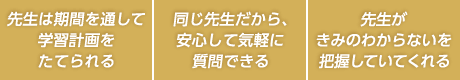 先生は期間を通して学習計画をたてられる。同じ先生だから安心して気軽に質問できる。先生がきみのわからないを把握していてくれる。
