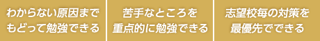 わからない原因までもどって勉強できる。苦手なところを重点的に勉強できる。志望校毎の対策を最優先でできる。