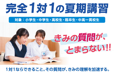 完全1対1の夏期講習。対象:小学生・中学生・高校生・既卒生・中高一貫校生。きみの質問が、とまらない!1対1ならできること。その質問が、きみの理解を加速する。