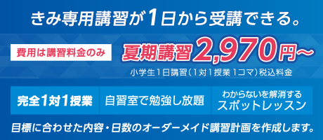 きみ専用講習が1日から受講できる。費用は講習料金のみ。夏期講習2,970円~。小学生1日講習(1対1授業1コマ)税込料金。完全1対1授業・自習室で勉強し放題・わからないを解消するスポットレッスン。目標に合わせた内容・日数のオーダーメイド講習計画を作成します。