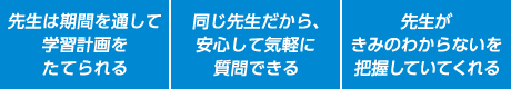 先生は年間通して私の学習計画をたてられる。同じ先生だから安心して気軽に質問できる。先生が私のわからないを把握していてくれる。