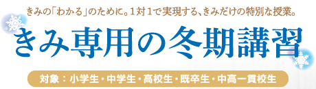 きみの「わかる」のために。１対１で実現する、きみだけの特別な授業。きみ専用の冬期講習。対象：小学生・中学生・高校生・既卒生・中高一貫校生