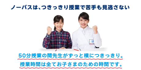 ノーバスは、つきっきり授業で苦手も見逃さない。50分授業の間先生がずっと横につきっきり。授業時間は全てお子さまのための時間です。