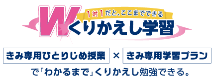 1対1だと、ここまでできる。Wくりかえし学習。「きみ専用ひとりじめ授業」×「きみ専用学習プラン」で「わかるまで」くりかえし勉強できる。